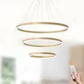 LAMPLAY Runde Moderne LED-Pendelleuchte, 3 Golden Ring-Kronleuchter, Dimmbar Mit Fernbedienung 3000K-6000K Deckenleuchte, Höhenverstellbar, Foyer, Wohnzimmer, Schlafzimmer, Esszimmer(Ø20+40+60cm)