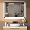 PESENXAN LED Spiegel Bad 80 x 60 cm mit Beleuchtung – Antibeschlag & IP44 Wasserdicht, 3 Einstellbare Lichtfarben, Dimmbar, Speicherfunktion, Sch... - Schwarz
