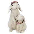 H.Bauer jun. große Deko Hasen Figuren Set Kunststein ca. 20 cm - sitzende Osterdeko Hasen Mama mit Kind mit Blumenkranz & Blumenkette& Fell-Optik - Polyresin Osterhasen Frühjahresdeko zum hinstellen