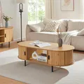 [en.casa] Couchtisch Tvedestrand Wohnzimmertisch mit 2 Schiebetüren mit Metallbeine Sofatisch mit Stauraum 120 x 55 x 40 cm Natur