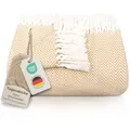 Gräfenstayn Premium Tagesdecke mit Fransen - 100% Baumwolle - 220 x 240 cm - Fischgrätenmuster Sommerdecke - Baumwolldecke als Bett-Überwurf, Couch-Überwurf, Sofa-Decke (Beige)