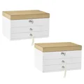 SONGMICS Schmuckkästchen 2er Set, 3 Ebenen, Schmuckkasten, Schmuckschatulle, großer Spiegel, 2 Schubladen, abschließbar, Geschenkidee, für Schmuckstücke, weiß-holzfarben JOW15WNV1