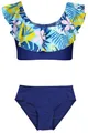 Aquarti Mädchen Bikini Set Bustier Bikinislip Zweiteiliger Badeanzug, Farbe: 037 Rüsche Bikini Grün Gelb Blätter Blau, Größe: 152