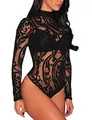 SEBOWEL Damen Body Sexy Transparent Mesh Langarm Bodysuit Tops (M, Schwarz)
