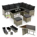 Juskys Gartenlounge Manacor grau - Sofa, Tisch, Hocker & Kissen - 8 Personen - Sitzbezüge Grau