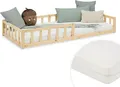 Homestyle4u Kinderbett 90x200 mit Rausfallschutz Natur Bodenbett Montessori Bett Lattenrost Matratze mit ® Standard 100