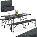 Juskys Bierzeltgarnitur Amberg 3-teilig & klappbar – 180 x 74 x 74 cm – 2 Bierbänke & 1 Biertisch in Rattan-Optik Gartenmöbel-Set Festzeltgar... - Schwarz