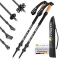 JUSKYS® Wanderstöcke - 2 Alu Teleskop Nordic Walking Stöcke, leicht & ausziehbar, Damen & Herren, mit Gummipuffer & Tasche, Kork Griff - Schwarz