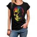 MAKAYA Print-Shirt Damen Skull Kurzarm Disco Top Totenkopf Motiv rockige Sommer Oberteile Kurzarmshirt schwarz XL