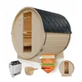 Artsauna Fasssauna Spitzbergen 180 - 4 Personen, 6 kW Ofen, Zubehör - Fichtenholz Sauna