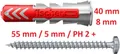 Fischer DuoPower Dübel 8x40 S Rundkopfkopfschraube PH2 +  5,0 x 55 169 29+40 26
