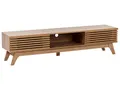 Beliani Fernsehtisch mit 2 Schiebetüren 3 Fächer Holzoptik braun 180x40 cm Toledo