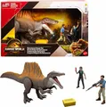 Mattel Jurassic World Rebirth Storypack mit exklusivem Spinosaurus, 1 männlich und 1 weiblich, menschliche Figuren und Zubehör, Gefahrenspiel von Spinosaurus