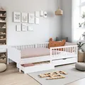 Homestyle4u Kinderbett 90x200 mit Rausfallschutz Holzbett 2 Bettkästen mit Lattenrost Weiß 2911