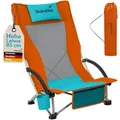 Skandika Strand Campingstuhl Beach | Bequemer Strandstuhl mit atmungsaktivem Mesh, Getränkehalter, niedrig, leicht zu transportieren, max. 136 kg | Faltbarer Klappstuhl, Liegestuhl (orange/blau)