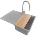 PRIMAGRAN Granitspüle Grau 70x50cm, Spülbecken 1 Becken + Küchenarmatur 38x14cm + Ablauf-Set + Schneidebrett, Küchenspüle ab 40er Unterschrank... - Grau