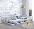 CADANI Teso Kinderbett 140x200 cm Montessori Bodenbett bis zu 200 kg belastbar mit Rausfallschutz inkl. Lattenrost, Kiefer Massivholz, weiß - 3 Aufbauvarianten