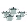Fissler Copenhagen Topf-Set 5-tlg., Töpfe mit Glas-Deckel, Induktion, alle Herdarten (3 Kochtöpfe, 1 Bratentopf, 1 Stielkasserolle-deckellos), Ed... - Silber/Transparent
