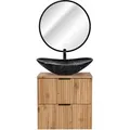 Lomadox - Badmöbel Set Wotaneiche Rillenoptik Keramik Waschtisch, Led-spiegel Schwarz Mit Touch, B/h/t 61,5/200/46,5 Cm