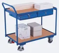 Schäfer Shop Select Leichter Tischwagen, Stahl/MDF-Platte, Enzianblau/Buche-Dekor, 2 Etagen, L 985 x B 605 mm, 2 Schubladen, TPE-Rollen mit EasySTOP, bis 250 kg 121444