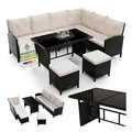 Juskys Gartenlounge Manacor schwarz - Sofa, Tisch, Hocker & Kissen - 8 Personen - Sitzbezüge Creme