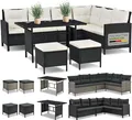 Juskys Polyrattan Lounge Manacor - Sofa, Tisch, Hocker & Kissen - Schwarz & Creme