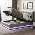 Flieks Polsterbett mit LED, hydraulisches Boxspringbett 140x200cm mit Lattenrost, Stauraum, Doppelbett Holzbett Kunstleder - Grau