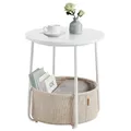 VASAGLE LILEA Kollektion - Beistelltisch rund, Kleiner Tisch, Couchtisch klein, Wohnzimmertisch, Korb aus Stoff, Stauraum für Wohnzimmer Schlafzimmer, Nachttisch modern, mattweiß-Kamelbraun LET223W10