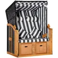 Outsunny Strandkorb Ostsee Volllieger 2-Sitzer Strandkörbe aus Tannenholz, 5-stufige verstellbare Rückenlehne, Strandkorb mit Fußbänkchen Seitentische, PE Geflecht, Strandstuhl für Balkon, Grau+Weiß