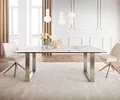 DELIFE Esstisch Edge 200x100 Keramik Calacatta Luxe Weiß-Gold-Grau Edelstahl Schmal