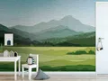 Fototapete Berglandschaft grün Malerei auf Mauermuster 371cm x 280cm 38298-1