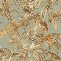 Design Vliestapete Floral Palmen Kranich Stickoptik grün braun DE120017