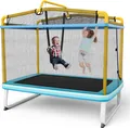 COSTWAY 3 in 1 Kindertrampolin, Gartentrampolin rechteckig mit Schaukel, Reckstange, Fitness Trampolin mit Sicherheitsnetz & Randabdeckung, Indoor-/Outdoortrampolin 190 x 124 x 172 cm Blau + Gelb