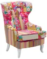 Sessel Patchwork bunt rosa Ohrensessel mit weißen Holzbeinen Retro-Stil Molde