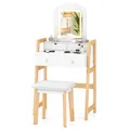 COSTWAY Schminktisch mit gepolstertem Hocker, Frisiertisch Set mit Kiefernbeinen, Make-up Tisch mit 3 Schubladen, Frisierkommode weiß, Kosmetiktisch mit einstellbarem Spiegel