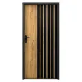 Eingangstür aus massivem Stahl H 207 x B 100 cm - Eicheimitat und schwarze Streifen - links einwärts öffnend - COBRITA - Hellbraun
