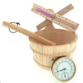 Dewello® Sauna Zubehör Set | Saunathermometer, Hygrometer, Sanduhr, Aufguss Eimer & Saunakelle | Das Saunazubehör für Zuhause