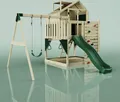 OutdoorToys Spielturm mit Spielhaus inkl. Wellenrutsche und 2x Kinder-Schaukel, Outdoor Klettergerüst Garten, Ausführung: Trapezstange, Farbe: Smaragdgrün Trapezstange