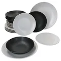 MamboCat Nero Bianco 18-TLG. Teller Set I 6 Personen I weißes & schwarzes Geschirr, matt I Speiseteller, Suppenteller & Kuchenteller I Steingut I Black & White I Essteller, Salat-Bowl, Desserteller