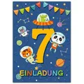 JUNAPACK Einladungskarten Astronaut Einladungen zum 7. Kindergeburtstag Jungen Karten Weltall, Einladungskarten mit Astronaut zum siebten Kindergeburtstag Tiere