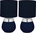 Relaxdays Tischlampe, 2er Set, Metallfuß, Stoffschirm, E14, H x D: 32 x 18 cm, Nachttischlampe mit Kabel, blau/silber