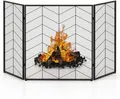 GOPLUS Funkenschutz Metall, 3-teiliger Funkenschutzgitter mit Muster, Kaminschutz klappbar, Kamingitter für Kamin, Heimdekoration, 132 x 79 cm, Schwarz (mit Linienmuster)