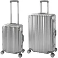 London | 2er Set | Trolleys 4 Rollen | Polycarbonat Hartschale | Alu-Rahmen | Handgepäck + Sport Koffer Trunk - Silber/Schwarz