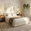 Polsterbett PESARO 160x200 cm, Cremeweiß – modernes Doppelbett mit Lattenrost, Stoffbezug aus 100% Polyester in Leinen Optik, mit Kopfteil für ... - Weiß