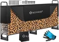 KESSER® Kaminholzregal Metall Brennholzregal außen Stahlrahmen + Abdeckung & Handschuhe Kaminholzunterstand 200kg Wasserdichter Holzlager Holzstapelhilfe für Garten Terrasse