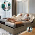 TRADA Adele Boxspringbett 180x200 Elektrisch verstellbar Taschenfederkern Doppelmatratze 9 Zonen Topper Bett mit Bettkasten Velour Stoff Beige