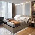 TRADA Boxspringbett ADÈLE 180x200 cm - elektrische Bett mit Matratze + Tooper und Bettkasten - Stoffbezug Veloursstoff - Beige