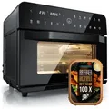 Arendo Minibackofen Airfryer 25L Edelstahl Multifunktionsofen, XXL Heißluftfritteuse 1800W, mini Backofen mit Backpapier, Backblech, Dörrblech, Rost, Frittierkorb schwarz