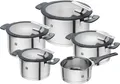 Zwilling Topf-Set Simplify, Edelstahl 18/10 (Set, 9-tlg., je 1 Kochtopf Ø 16/20/24 cm, 1 Bratentopf Ø 20 cm, 1 Stieltopf Ø 16 cm), Sandwichboden, Stay-Cool-Griffe, integriertes Sieb, (Glas)Deckelhalter