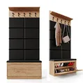 PLATAN ROOM Wand-Garderobe Set mit Garderobenpaneel & Schuhschrank & Hängeschrank 100 cm Flurgarderobe Garderobenset Flur Eiche Holz Weiß (3-TLG. mit 8 paneel, Eiche Gold)